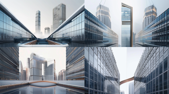 建筑，对称构图，现代风格，城市天际线，冷色调，长焦镜头，黄昏时分，柔和光线，宁静，未来感。