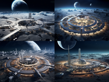 a futuristic chinese lunar base named ‘huaxia moon palace’ on the moon’s surface, featuring a blend of traditional chinese architecture and modern facilities. the base includes residential areas with simulated earth gravity, advanced research labs, enclosed agricultural sections with traditional chinese herbs, solar and helium-3 energy zones, and recreational areas with earth-like environments. the design reflects a harmonious balance between innovation and cultural heritage, with elements like flying eaves, glazed tiles, and modern ecological systems