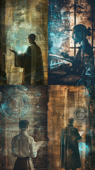 digital humanities poster, blending ancient manuscripts with modern technology, a scholar analyzing historical texts on a holographic screen, digital art, a mix of old and new elements, sepia tones with futuristic blue highlights, intellectual and innovative design, ultra-high definition