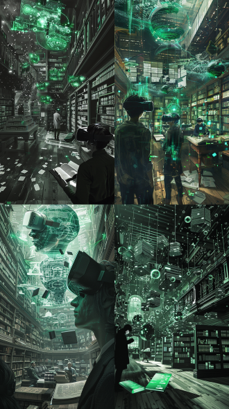 a futuristic poster on digital humanities, depicting a library with virtual reality overlays, scholars immersed in vr experiences, surrounded by floating digital books and artifacts, digital art, sharp contrasts with black and white, green accents for digital elements, 3d rendering, panoramic view