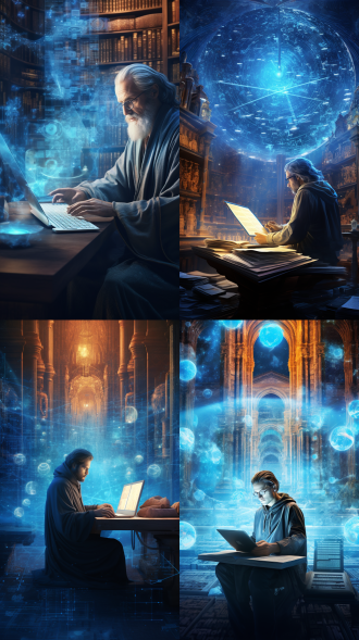 digital humanities poster, blending ancient manuscripts with modern technology, a scholar analyzing historical texts on a holographic screen, digital art, a mix of old and new elements, sepia tones with futuristic blue highlights, intellectual and innovative design, ultra-high definition