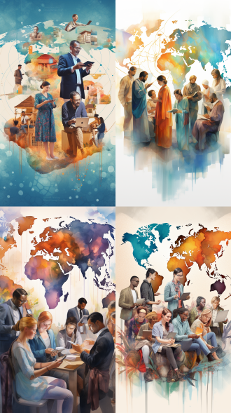 conceptual poster for digital humanities, featuring a global map with digital connections, people from different cultures engaging in virtual discussions, watercolor illustration, rich cultural textures and vibrant digital elements, inclusive and connected ambiance, 16k resolution