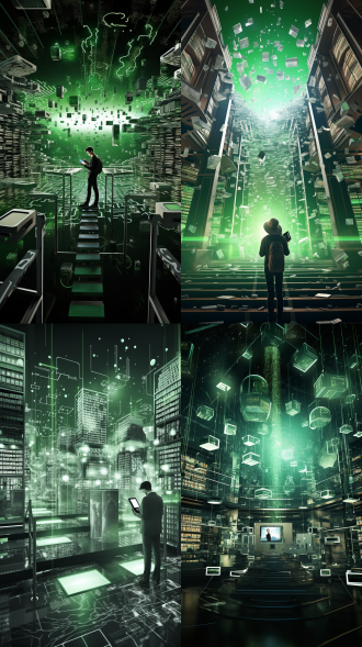 a futuristic poster on digital humanities, depicting a library with virtual reality overlays, scholars immersed in vr experiences, surrounded by floating digital books and artifacts, digital art, sharp contrasts with black and white, green accents for digital elements, 3d rendering, panoramic view