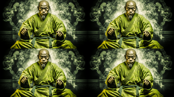 功夫熊猫站在竹林中，正面构图，中国风，绿色为主色调，长焦镜头，顶光，双手握拳，自信，拟人化。