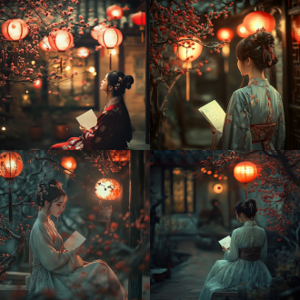 古代中国节日，庭院深深，女子身着汉服，面带忧思，手持家书，仰望明月，庭院中红梅盛开，灯笼高挂，广角镜头，柔和光线，暖色调，细腻质感，思念之情。