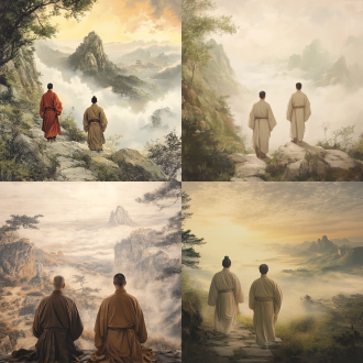 古代中国，兄弟们登高望远，山水画卷，长袍飘逸，微笑，远景，广角镜头，自然光，柔和色调，和谐，宁静。