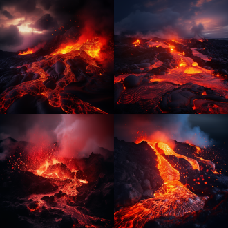 金星火山，岩浆流淌，火山口喷发，高温环境，暗红色调，长焦镜头，逆光，慢快门，流动感，炽热。