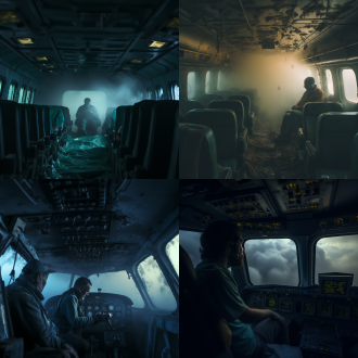 飞机迷失雾中，朦胧天空，百慕大三角，飞行员迷茫表情，机舱内景，冷色调，长焦镜头，柔和光线，缓慢快门，迷失方向，神秘感。