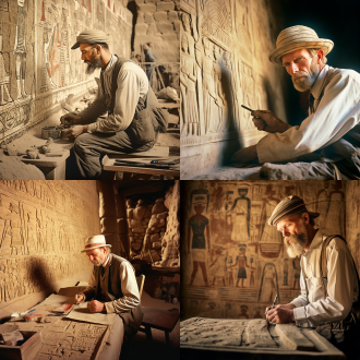 考古学家韦斯在1879年，埃及abydos古庙遗址，浮雕壁画，直升飞机形状，历史感，神秘氛围，古埃及风格，细节丰富，壁画质感，暖黄色调，自然光，广角镜头，专注表情，考古工具，探索。