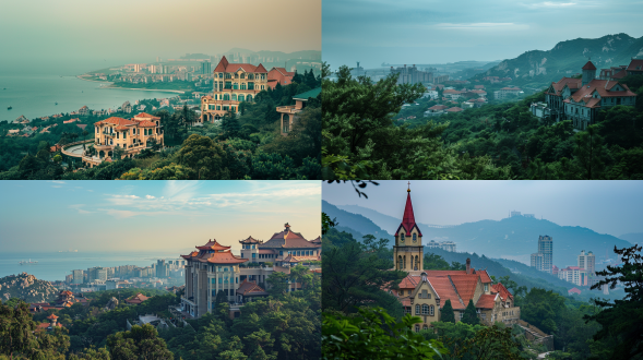 站在山上俯瞰青岛德式建筑群，远景开阔，建筑细节清晰，自然与人文融合，山顶视角，长焦镜头，柔和光线，宁静氛围，历史感，蓝绿色调，赞叹。