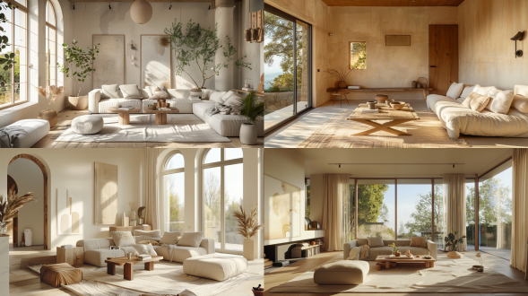 夏日色彩，流行2024春夏色调，建筑文摘和dwell杂志封面级摄影，获奖北欧乡村室内设计师客厅，明亮自然光，柔和对比度，全景镜头，温暖色调，舒适布局，现代简约风格，宁静氛围。