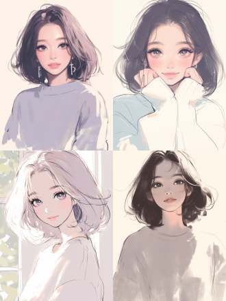 女生插画，大眼睛微笑，室内，淡雅色调小清新色彩，素描风格，柔和光线，温馨愉悦，平视角度。doodle, hand-drawn illustration, front view, andy warhol, solid white background, korean makeup,