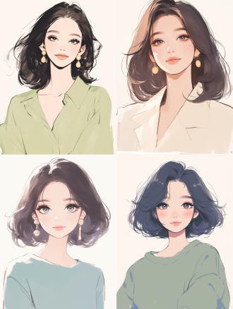 女生插画，大眼睛微笑，室内，淡雅色调小清新色彩，卡通插画风格，简洁线条勾勒，柔和光线，温馨愉悦，平视角度。doodle, hand-drawn illustration, front view, andy warhol, solid white background, korean makeup,