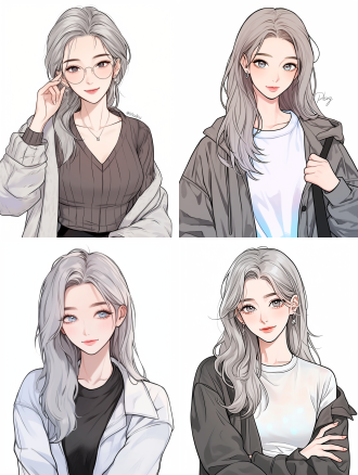 扁平插画，女生插画大眼睛微笑，室内前视图，纯白色背景，卡通风格，手绘线条简洁，柔和光线，平视，温馨，涂鸦， 手绘插画， 前视图， 安迪·沃霍尔， 纯白色背景， 韩国妆， 灰发，