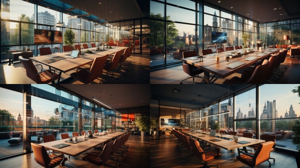 会议室设计，可以容纳12个人开会，写字楼内，室外窗景