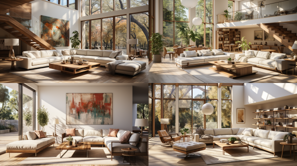 中古风的客厅，自然光线，柔光版，隔光板，抬高相机角度，极简主义，开放空间，中性色调，大窗户，高角度，柔和光线，自然材质，舒适家具，宁静氛围，现代艺术装饰，清晰焦点，生活气息，开放式布局，中性色彩，大窗户，高视角，柔光，自然材料，舒适家具，宁静，现代艺术，清晰焦点，生活感