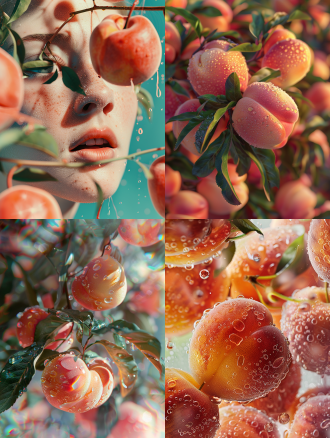 桃子，放大照片，模糊细节，高分辨率艺术扫描，自然肌肤光泽扩散效果，1200点每英寸扫描，超分辨率，1:1比例专辑封面设计