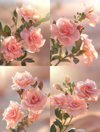 荒漠中的玫瑰，竖构图，前景特写花朵清晰，柔和光线4k，仙子美学，夏日阳光，暖色调，古朴，孤傲，冷峻，香气感。