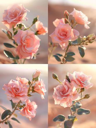 荒漠中的玫瑰，竖构图，前景特写花朵清晰，柔和光线4k，仙子美学，夏日阳光，暖色调，古朴，孤傲，冷峻，香气感。