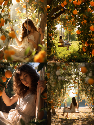 柑橘园摇椅上小憩的人，夏日午后，暖色调，中心构图，柔和光线，柑橘花果环绕，微风轻拂，宁静，惬意，中长焦镜头。