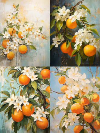 橘子与橙花在阳光下，中心构图，高纸感画面，暖色系，柔和光线，微风吹拂，清新感，平静。