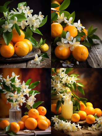 橘子带橙花，中心构图，高级质感，木质桌上，浅景深，长焦镜头，顶光，静止，精致，橙黄色调，优雅。