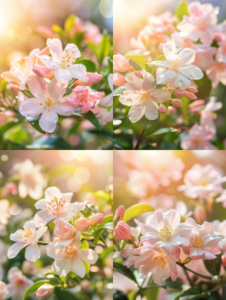 茉莉花特写，主体突出枝叶简洁，花朵形态不同有水珠，背景简洁，淡雅暖色调，微距大光圈，高分辨率，柔和光，清新宁静。