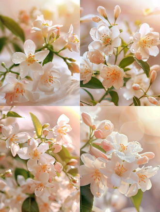 茉莉花特写白底，简洁枝叶，形态各异带水珠，中国传统美学，大光圈微距镜头，高分辨率，柔和光，明亮调，清新宁静。