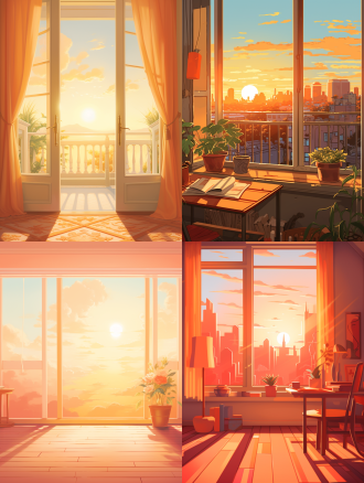 窗外的太阳刚刚升起，阳光照进室内。形象简洁、色彩温和，二维插画风格，高质量，多细节，高清