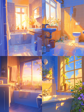 洗漱间内，窗外初升太阳照进，简洁画面，温和色彩，卡通简笔画风格，高质量多细节高清，暖光，正面光，平静。