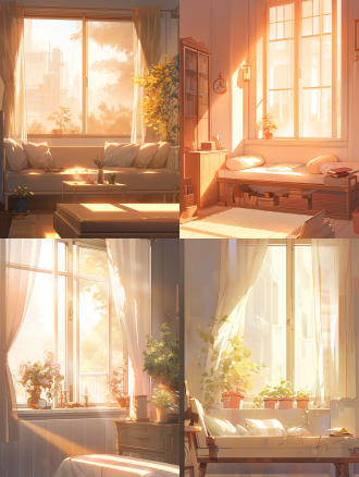 墙上有扇明亮的窗户，窗外有刚刚升起的太阳，温暖的阳光照进室内，给人温暖舒适的感觉。室内干净整洁，东西非常少。画面简洁、色彩温和，简笔画风格，高质量，高清晰度