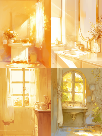 墙上有扇明亮的窗户，窗外能看见刚刚升起的太阳，窗户旁边有一个洗漱台，金色配色方案，简笔画风格，高质量，高清晰度