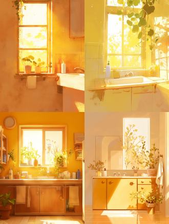 墙上有扇明亮的窗户，窗外能看见刚刚升起的太阳，窗户旁边有一个洗漱台，金色调配色方案，现代简约，卡通简笔画风格，高质量，高清晰度