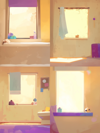 墙上有扇明亮的窗户，窗外能看见刚刚升起的太阳，窗户旁边有一个洗漱台，金色调配色方案，现代简约，动漫卡通风格，高质量，高清晰度