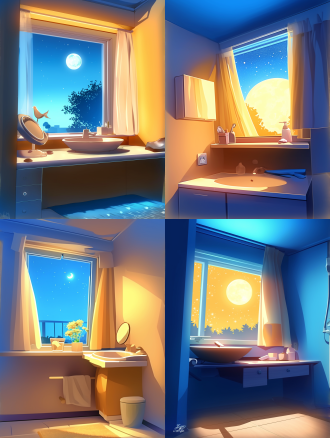 夜晚照明氛围，墙上有扇明亮的窗户，窗外能看见夜晚的星星和月亮，窗户旁边有一个洗漱台，蓝色调配色方案，现代简约，动漫卡通风格，高质量，高清晰度