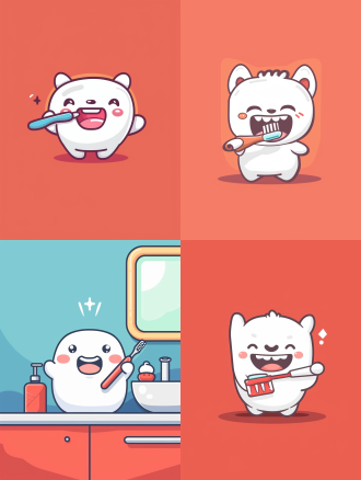 清晨，一个可爱的卡通吉祥物露出洁的牙齿，正在开心的刷牙，极简主义，简单的细节