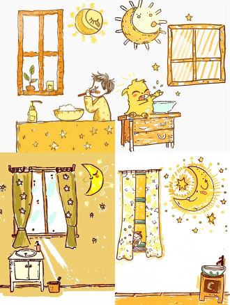 墙上有扇明亮的窗户，窗外能看见刚刚升起的太阳，窗户旁边有一个洗漱台，一个可爱的外星人正洗漱台前刷牙，金色配色方案，纯色填充，平面设计风格，柔和光线，温馨氛围，亲和力。