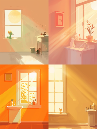 墙上有扇明亮的窗户，窗外能看见刚刚升起的太阳，窗户旁边有一个洗漱台，一个可爱外星人正洗漱台前刷牙，暖色方案，纯色填充，平面设计风格，柔和光线，温馨氛围，亲和力。