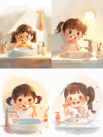 清晨，太阳刚刚生起，一个可爱的ip正在洗漱台前很开心的刷牙，中心构图，白底暖调，矢量图标，正面表情，普通镜头，柔和光线，刷牙动作，可爱，欢乐。