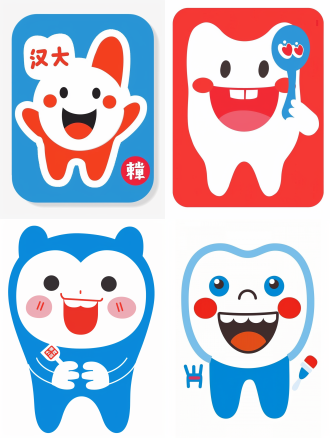 牙齿表情包，中心构图，白底暖调，矢量图标风格，正面表情，刷牙动作，可爱，欢乐。