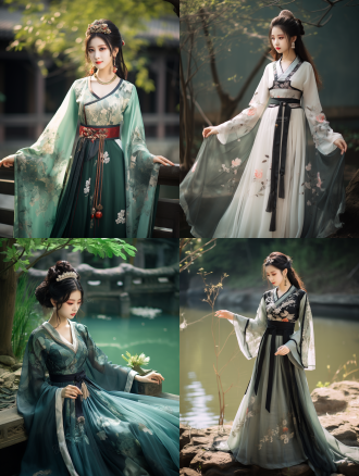 花海汉服美人，孤独站立，错落有致光影，精美珠宝，汉服刺绣，清晰肌肤纹理，黑发披肩，蕾丝细节，古典优雅，8k超高清，项链环颈，露齿微笑，飘逸长裙，整洁打扮，艺术杰作，飘逸裙摆，惊艳视觉。,穿着