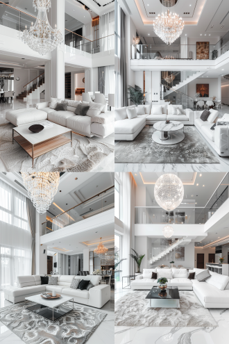 客厅内部，白色风格，现代设计，极简主义风格，复式建筑，吊灯，沙发，地毯，咖啡桌，室内摄影，室内设计，真实感，8k高清，高品质，细节，逼真，摄影，豪华，舒适，明亮。