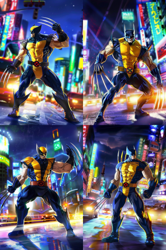 金刚狼，超级英雄，站立，挥舞双爪，凝视画面，电影画质，超清，中心构图，高饱和度，动态，兴奋。