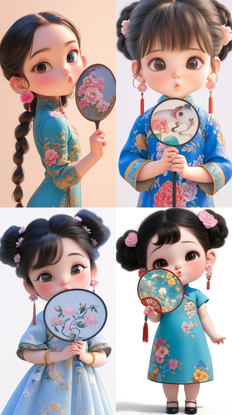 a super cute little girl with big eyes and long eyelashes, blow a kiss for the camera , wearing an embroidered blue dress and holding a fan-shaped mirror in her hand, super cute expression,chubby cheeks, long black hair tied into two braids, pink flower earrings on her ear. the focus is on her face ,cartoon style, chinese painting. white background, 3d rendering.