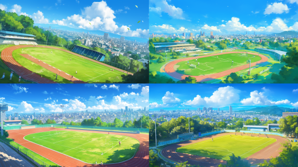 high school sports field with track and library in the background, in the style of anime, sunny day, blue sky, high angle shot, city landscape in the distance, green trees, buildings visible, white clouds, clear weather, vibrant colors, bright lighting, cheerful atmosphere.