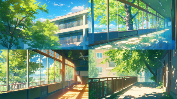 the school's green tree is on the left, and there was an empty balcony in front of it. the bright sunshine shines through the leaves onto that empty terrace, creating a warm atmosphere. a student from tokyo in the style of romfilm, with an anime aesthetic in the style of makoto shinkai,