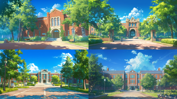 on a sunny day, a beautiful university building is surrounded by lush green trees under the blue sky. the front view of the main entrance of the campus is shot in a wide-angle, high-resolution, and realistic animation style, creating a lively atmosphere and presenting a surreal style that reminds people of anime, studio ghibli, and nobusuke makoto. the movie is brightly colored and surreal
