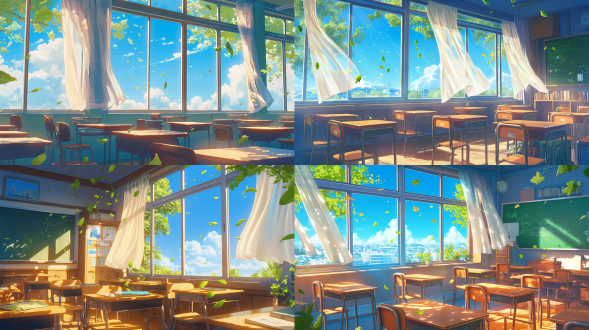 the classroom is filled with sunlight, and the desk in front of me has several school desks. white curtains flutter outside the window, with a blue sky and green trees. leaves are falling on the desk. the scene is drawn in the style of cartoons, anime, and illustrations. it has a high resolution with bright colors, high details, and high quality. the full body shot is drawn in the style of 2d game art with highlights.