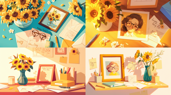 on the table was a vase filled with sunflowers, and next to the vase was a photo frame with a picture of a smiling lady wearing glasses. there was also a greeting card on the table with "happy teacher's day" written on it, and next to the card were a few unopened envelopes and a pen. a simple background, a flat illustration style, and a warm color scheme, all in high resolution. a cute and happy vibe, soft light casting gentle shadows, a cheerful mood, and a close-up shot.