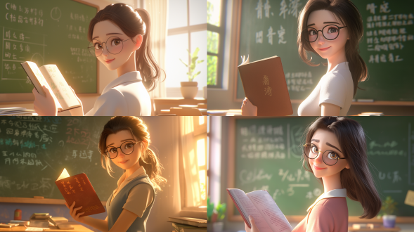 一名20多岁的中国女教师，五官精致，心情愉快，手拿着语文课本，背景是黑板，全身图，popmart盲盒，粘土材料，皮克斯趋势，3d艺术，c4d，辛烷渲染，光线追踪，全程拍摄，干净的背景，高细节，高质量，超级清晰